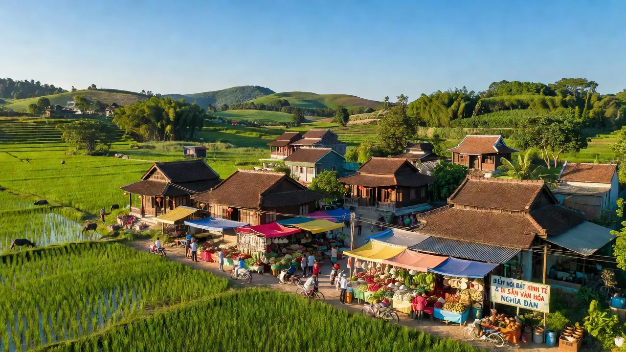 Quận Nghĩa Đàn, tỉnh Nghệ An với cánh đồng xanh và kiến trúc truyền thống, phản ánh tiềm năng phát triển.
