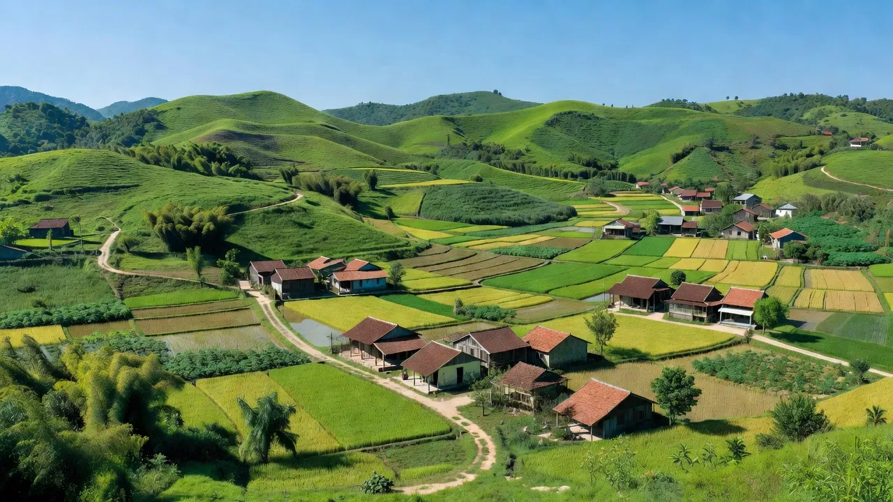 Khung cảnh xã Nghĩa An, huyện Nghĩa Đàn, Nghệ An với đồng xanh và nhà truyền thống.