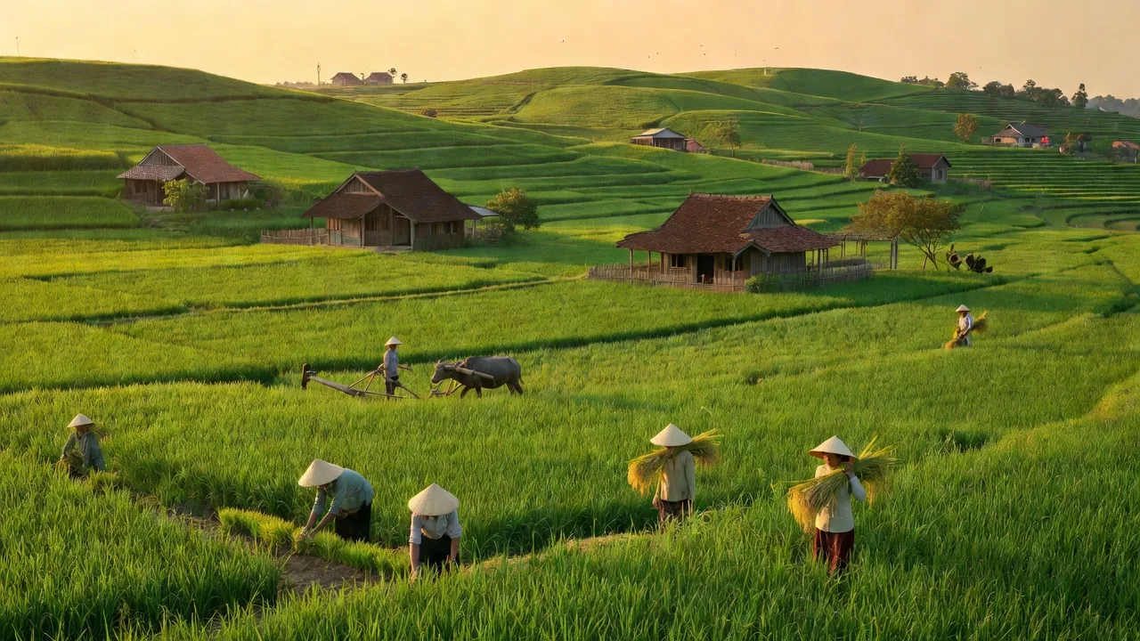 Quang cảnh Xã Nghĩa Bình, huyện Nghĩa Đàn, Nghệ An với đồi xanh và cánh đồng lúa.