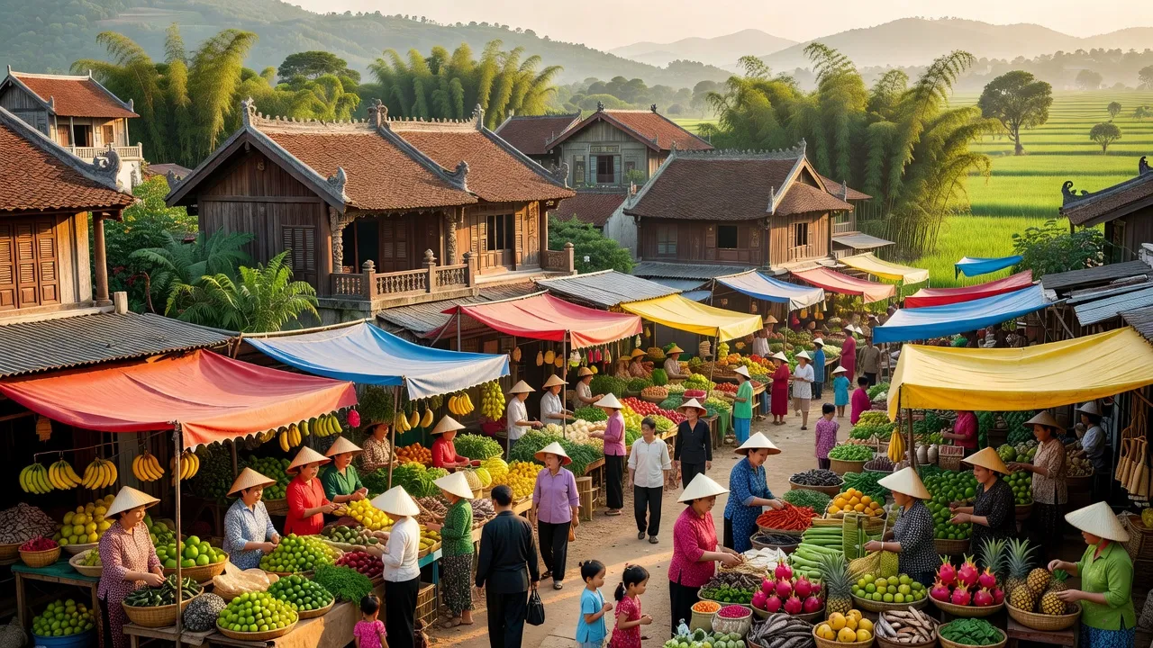 Thị trấn Nghĩa Đàn, huyện Nghĩa Đàn, tỉnh Nghệ An với chợ địa phương và cây xanh bao quanh.