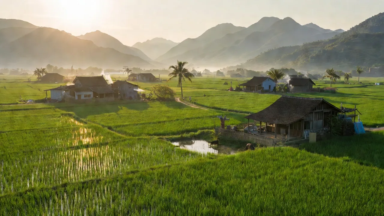 Cảnh quan xã Nghĩa Đức, Nghĩa Đàn, Nghệ An với cánh đồng xanh và nhà cổ đẹp.