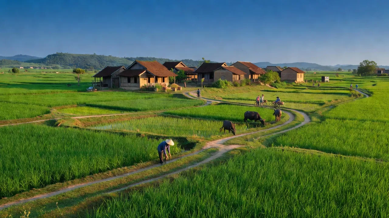 Cảnh quan xanh tươi xã Nghĩa Đức, huyện Nghĩa Đàn, tỉnh Nghệ An với nhà truyền thống và bầu trời xanh.