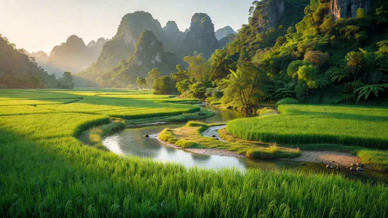 Cảnh đẹp tự nhiên xã Nghĩa Hội, huyện Nghĩa Đàn, Nghệ An với đồng xanh, sông và núi.