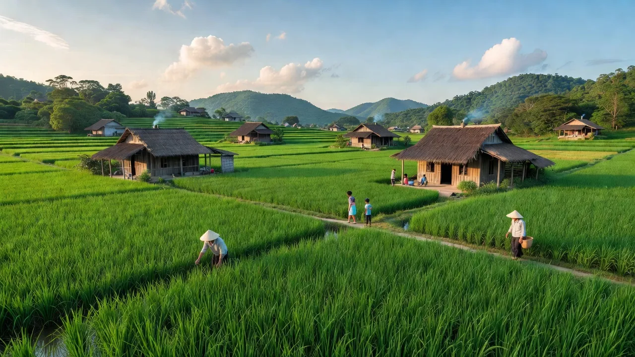 Cảnh quan xã Nghĩa Hội, huyện Nghĩa Đàn, tỉnh Nghệ An với cánh đồng xanh tươi và nhà truyền thống.