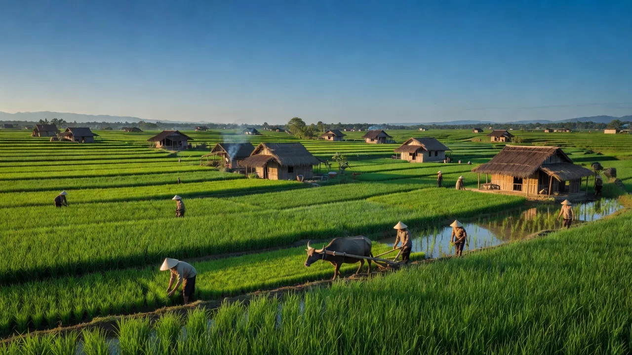 Khung cảnh làng Nghĩa Hồng, Nghệ An với đồng lúa xanh và nhà truyền thống, người nông dân đang làm việc.