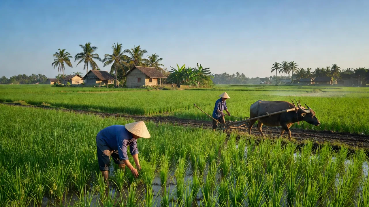 Cảnh đẹp xã Nghĩa Hưng, huyện Nghĩa Đàn, tỉnh Nghệ An với đồng ruộng xanh tươi.