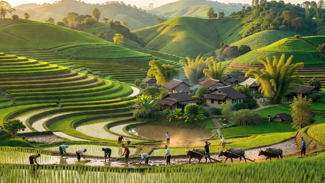 Khung cảnh xã Nghĩa Khánh, huyện Nghĩa Đàn, Nghệ An với thiên nhiên xanh tươi và ruộng bậc thang.