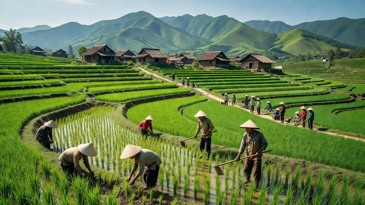Cảnh đẹp nông thôn tại xã Nghĩa Lộc, huyện Nghĩa Đàn, Nghệ An với cánh đồng xanh mướt.
