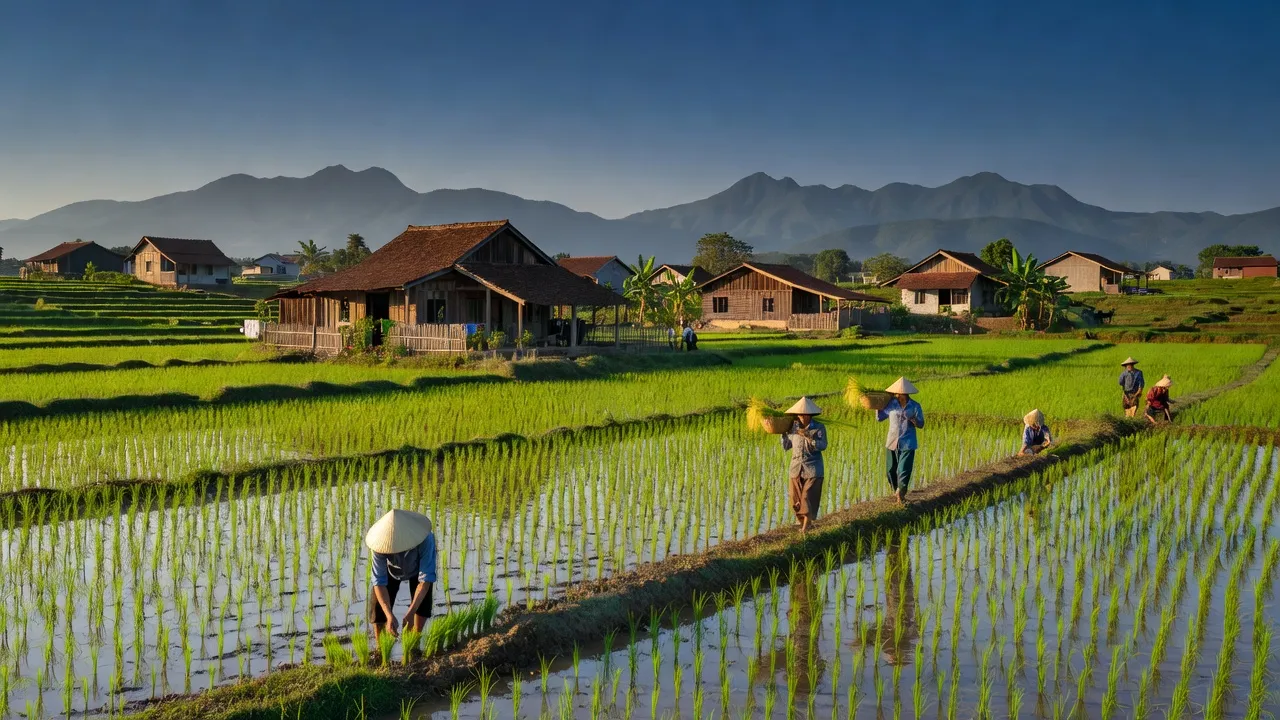 Khung cảnh làng Nghĩa Lộc, huyện Nghĩa Đàn, Nghệ An, với ruộng xanh và nhà truyền thống.