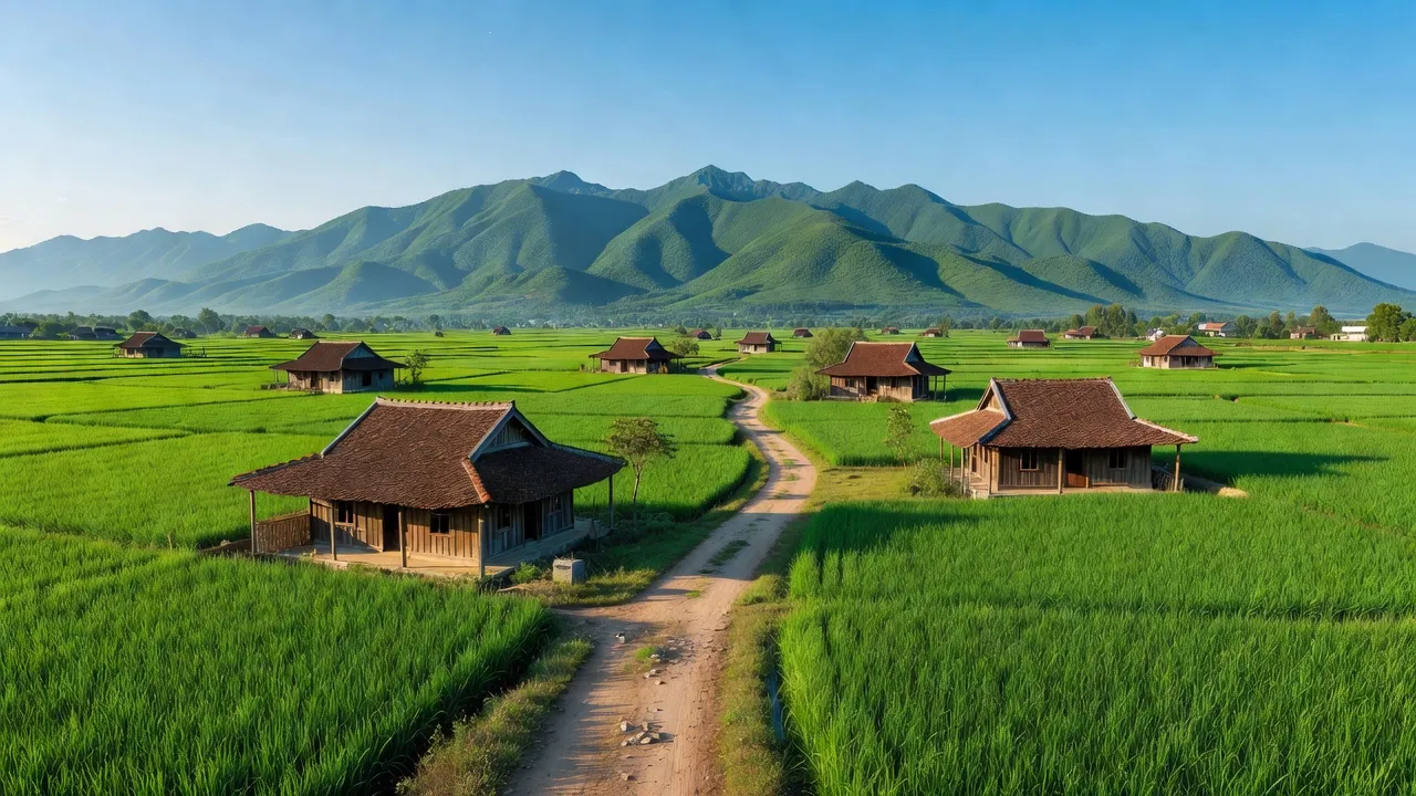 Khung cảnh xã Nghĩa Lợi, huyện Nghĩa Đàn, Nghệ An với núi xanh và cánh đồng rộng lớn.