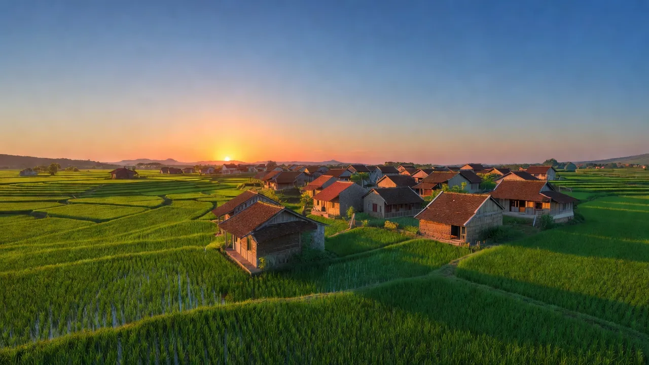 Toàn cảnh xã Nghĩa Lợi, huyện Nghĩa Đàn, tỉnh Nghệ An với cánh đồng xanh và nhà truyền thống.