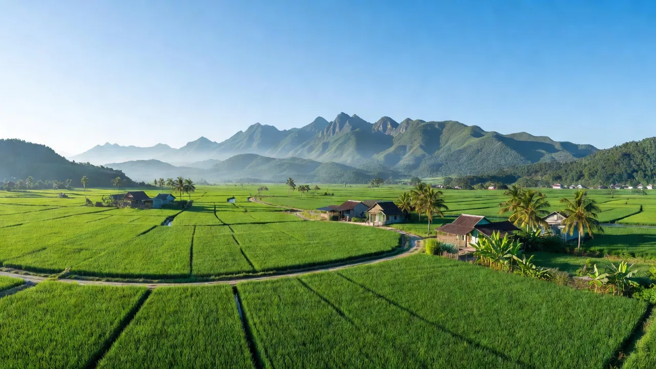 Cảnh sắc của xã Nghĩa Long, huyện Nghĩa Đàn, Nghệ An với cánh đồng xanh và núi non.