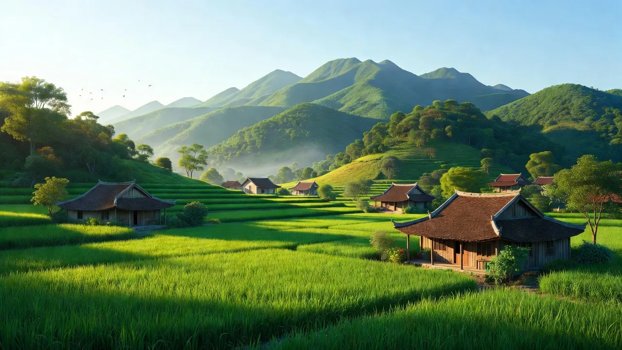 Cảnh sắc xã Nghĩa Mai, Nghệ An với núi đồi và cánh đồng xanh tươi, thời tiết trong sáng.