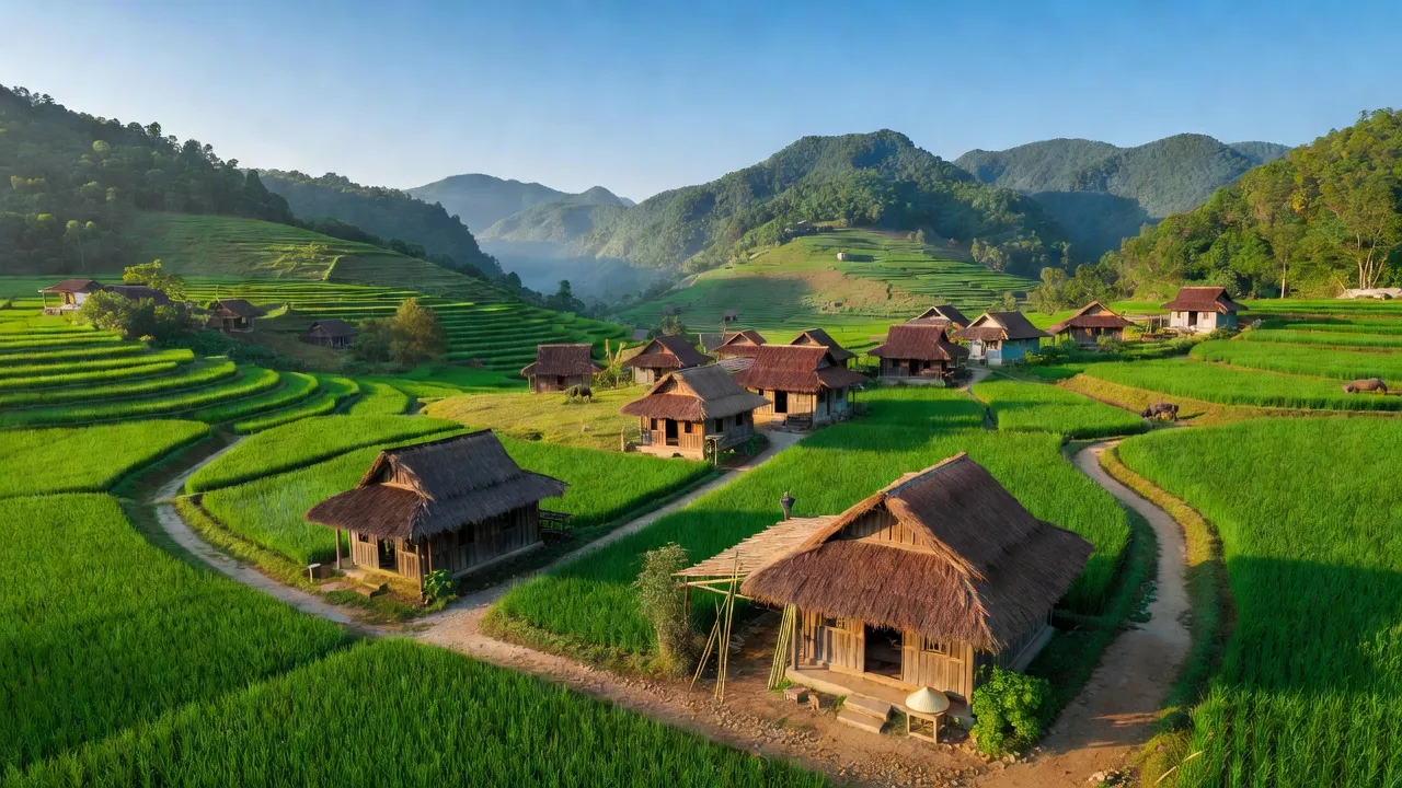 Khung cảnh xã Nghĩa Mai với địa hình núi non xanh tươi, nhà truyền thống và không gian yên bình.