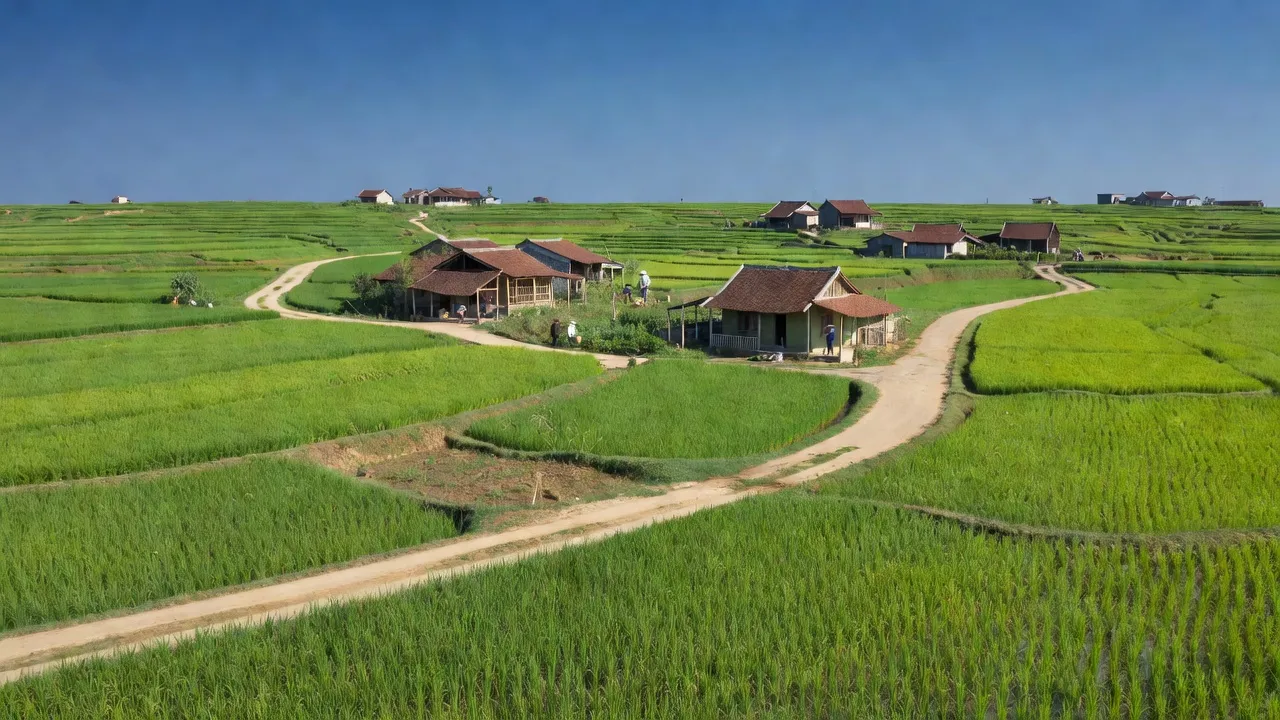 Khung cảnh xã Nghĩa Minh, huyện Nghĩa Đàn, tỉnh Nghệ An với cánh đồng xanh và nhà truyền thống.