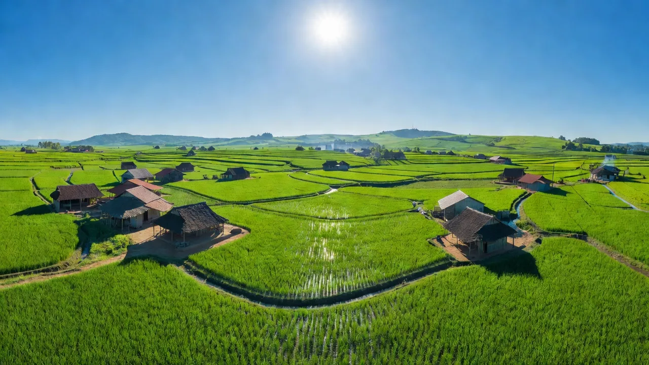 Khung cảnh xã Nghĩa Sơn, huyện Nghĩa Đàn, tỉnh Nghệ An, với đồng ruộng xanh tươi và bầu trời trong xanh.
