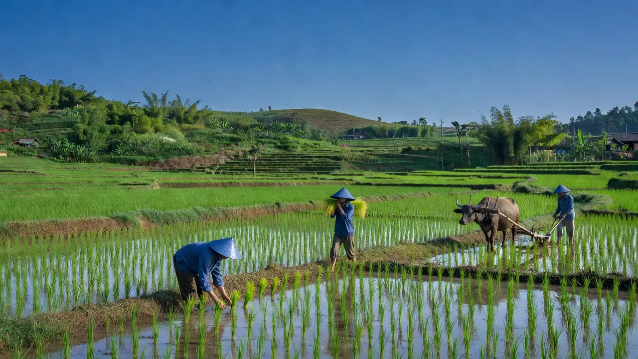 Cảnh đồng xanh Nghĩa Thành, Nghệ An với nông dân làm ruộng, trời trong xanh.