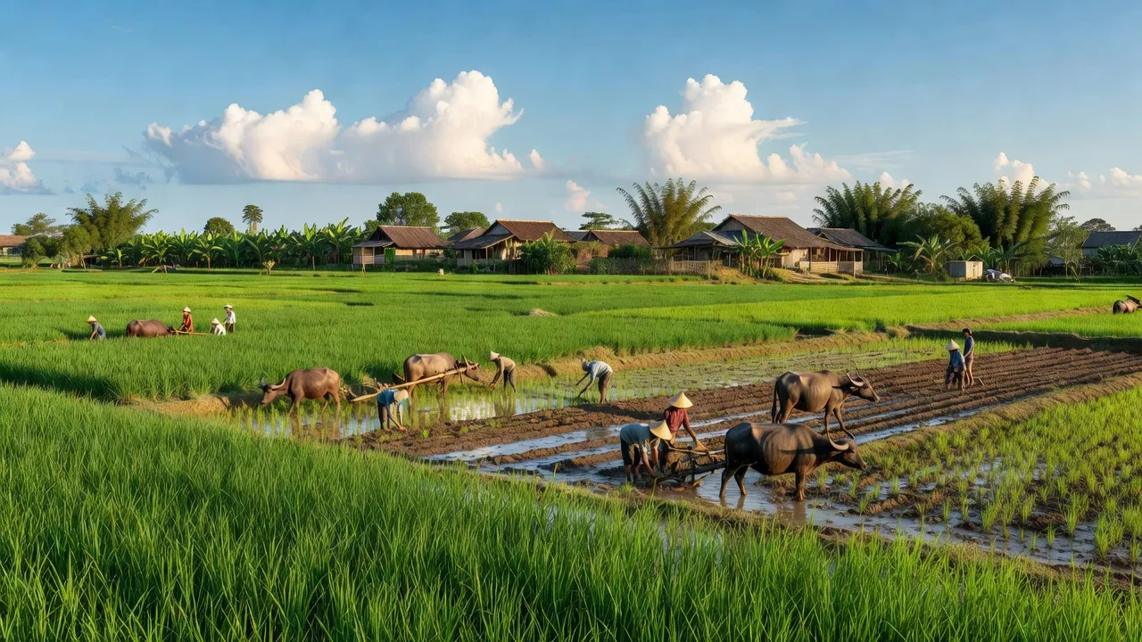 Khung cảnh đẹp của xã Nghĩa Thành, huyện Nghĩa Đàn, Nghệ An với cánh đồng xanh và hoạt động nông nghiệp.