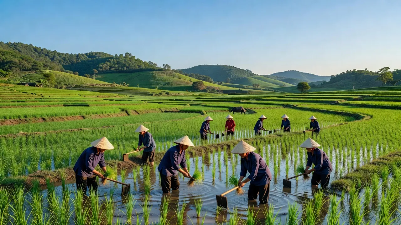 Cảnh đẹp xã Nghĩa Thọ, huyện Nghĩa Đàn, tỉnh Nghệ An, đồng ruộng xanh tươi và đời sống nông nghiệp.