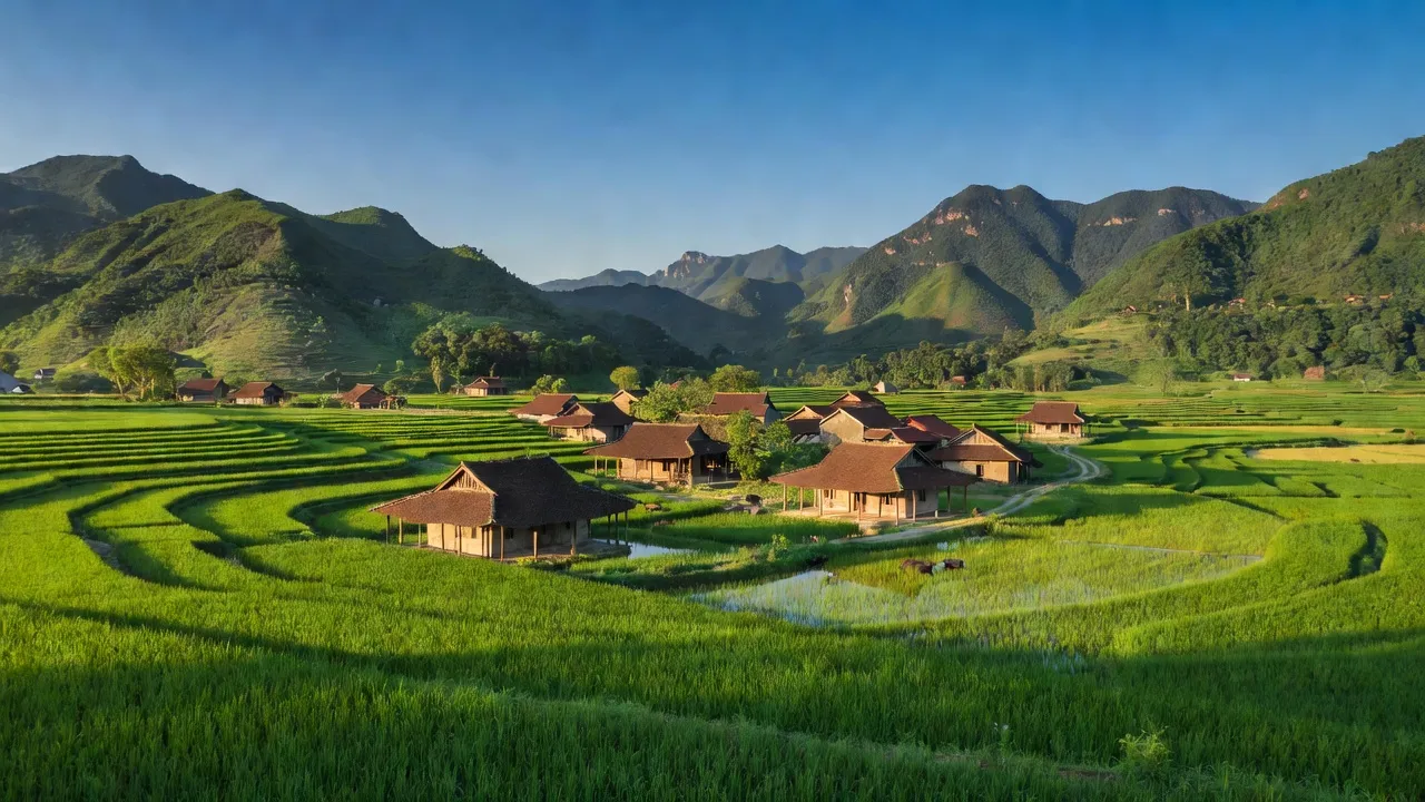 Cảnh quan xã Nghĩa Thọ, huyện Nghĩa Đàn, tỉnh Nghệ An với đồng lúa xanh tươi và nhà truyền thống.