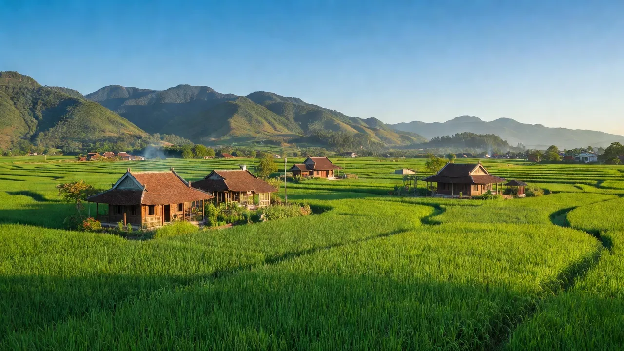 Phong cảnh xã Nghĩa Trung, huyện Nghĩa Đàn, tỉnh Nghệ An với đồng xanh và núi non