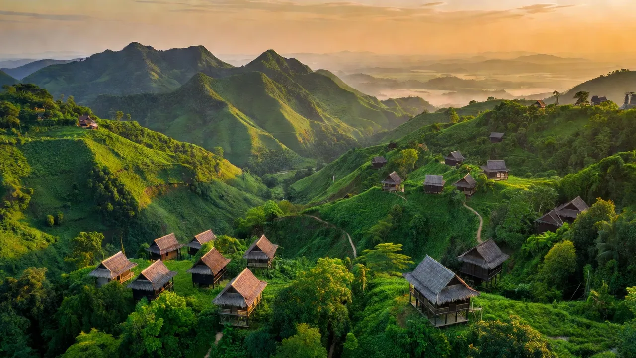 Cảnh quan huyện Quế Phong, Nghệ An, với núi xanh, nhà truyền thống dân tộc và biên giới Việt - Lào.