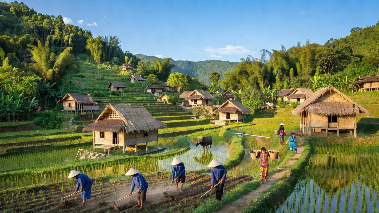 Cảnh quan xã Căm Muộn, huyện Quế Phong, tỉnh Nghệ An với núi đồi và nhà truyền thống.