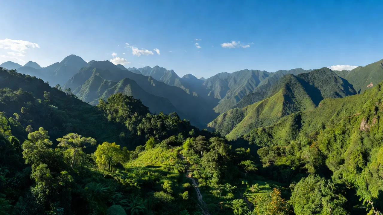 Cảnh quan xã Căm Muộn, huyện Quế Phong, với núi và rừng xanh, tiềm năng du lịch vùng Nghệ An.