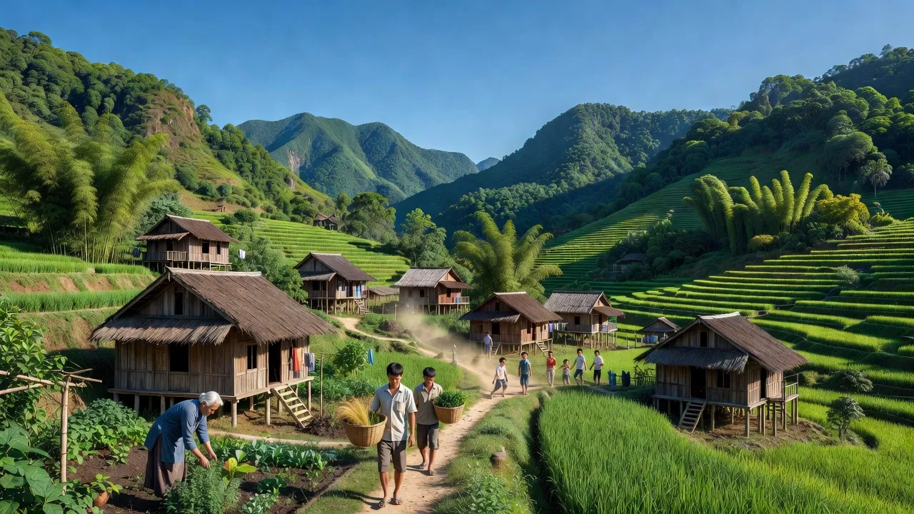 Cảnh quan Xã Châu Kim, huyện Quế Phong, Nghệ An với núi xanh và nhà gỗ truyền thống.