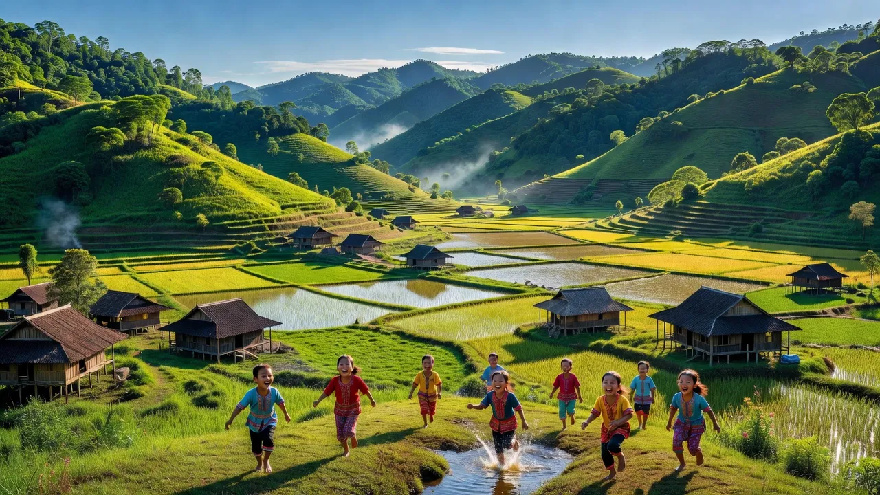 Khung cảnh thiên nhiên ở xã Châu Thôn, huyện Quế Phong, tỉnh Nghệ An, với đồi núi và cánh đồng.