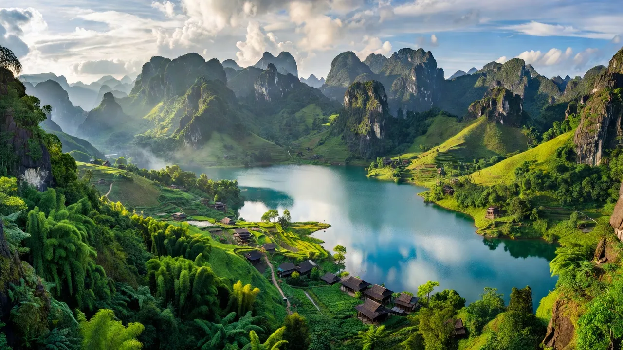 Phong cảnh xã Đồng Văn, huyện Quế Phong, tỉnh Nghệ An với núi non và hồ Hủa Na.
