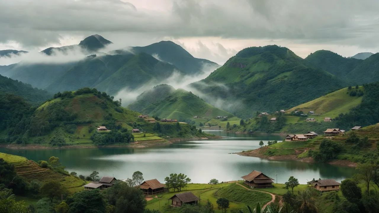 Toàn cảnh xã Đồng Văn, huyện Quế Phong, tỉnh Nghệ An, địa hình đồi núi và hồ thủy điện Hủa Na.