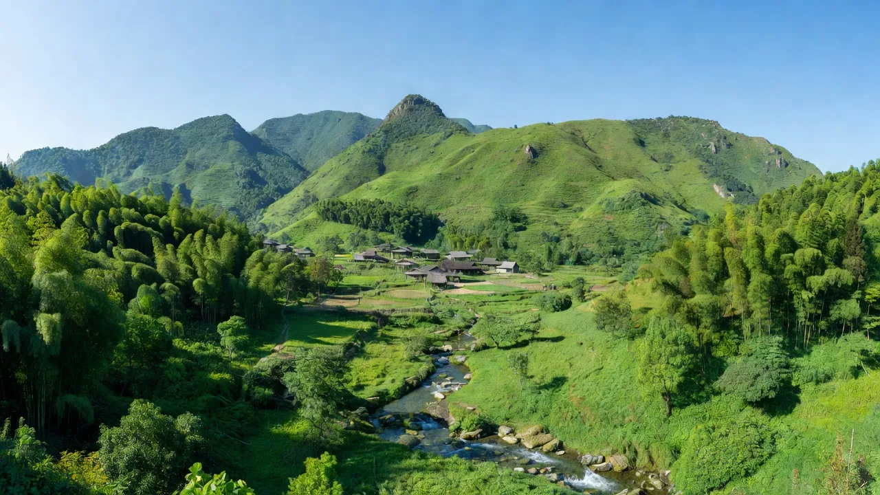 Khung cảnh hữu tình ở xã Hạnh Dịch, huyện Quế Phong, tỉnh Nghệ An, đồi núi và bản làng hòa quyện.