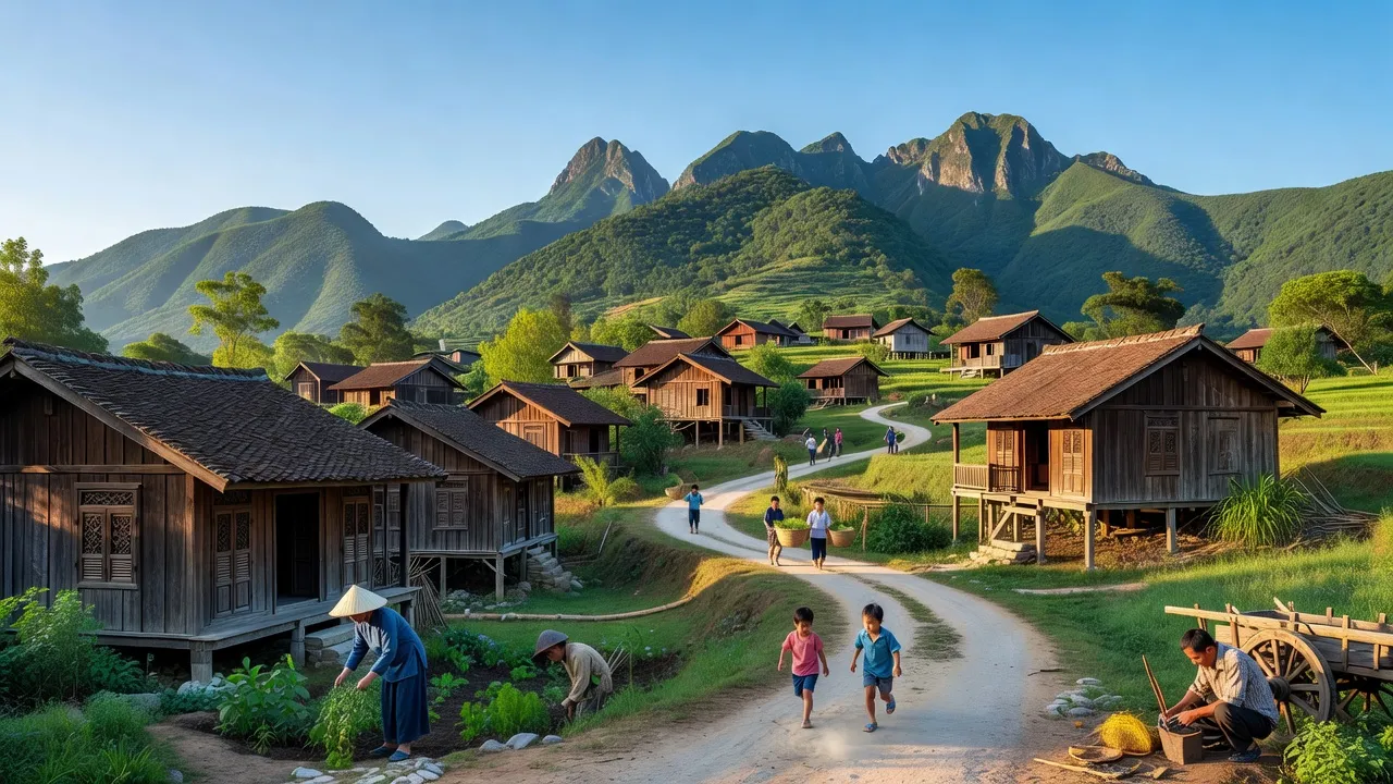 Thị trấn Kim Sơn ở Nghệ An, với núi non và hoạt động của người dân địa phương.