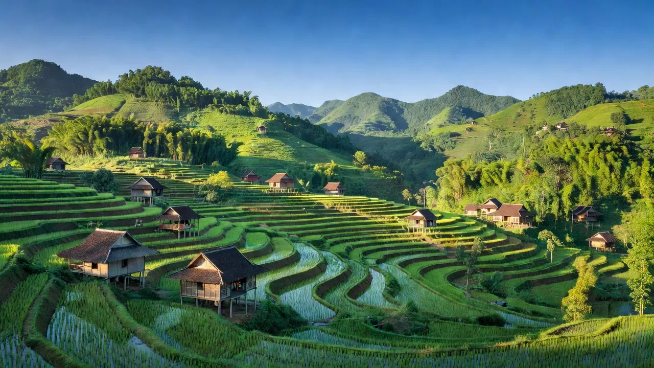 Cảnh đẹp xã Mường Nọc, Quế Phong, Nghệ An với núi đồi xanh và nhà dân tộc Thái.