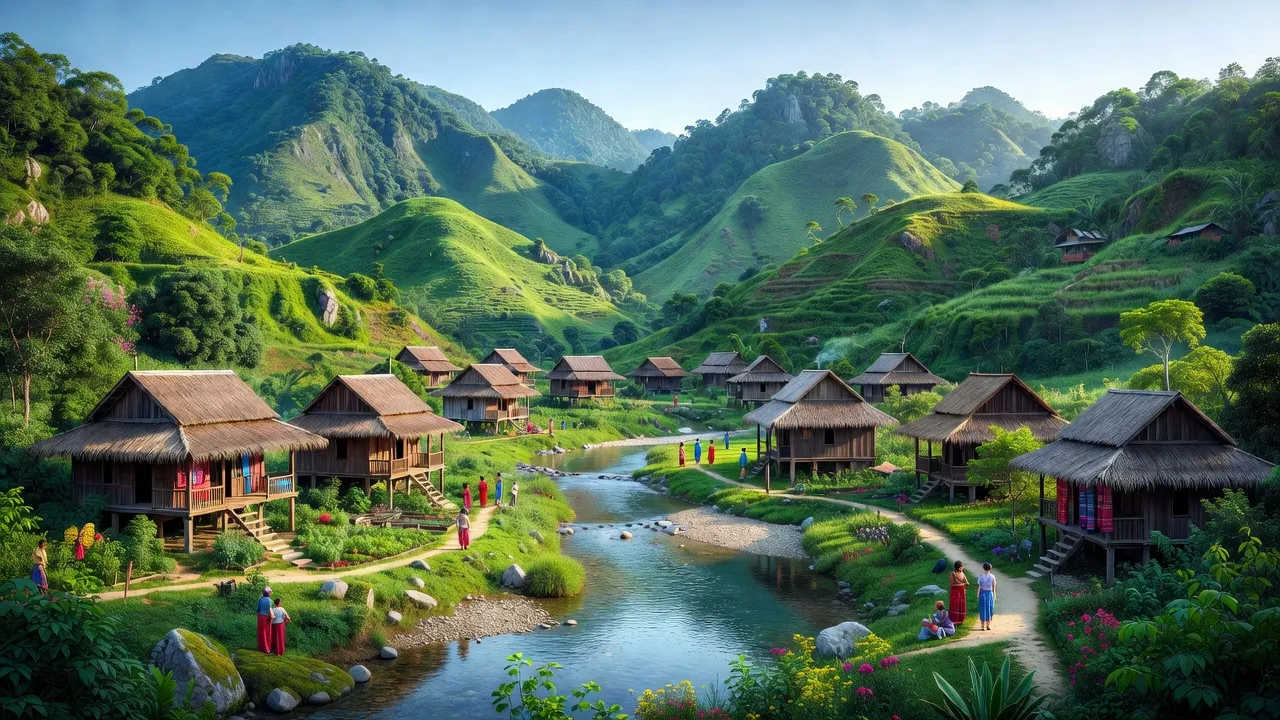 Cảnh quan Mường Nọc, Nghệ An với núi non xanh tươi và nhà sàn truyền thống. Mường Nọc village scenery.