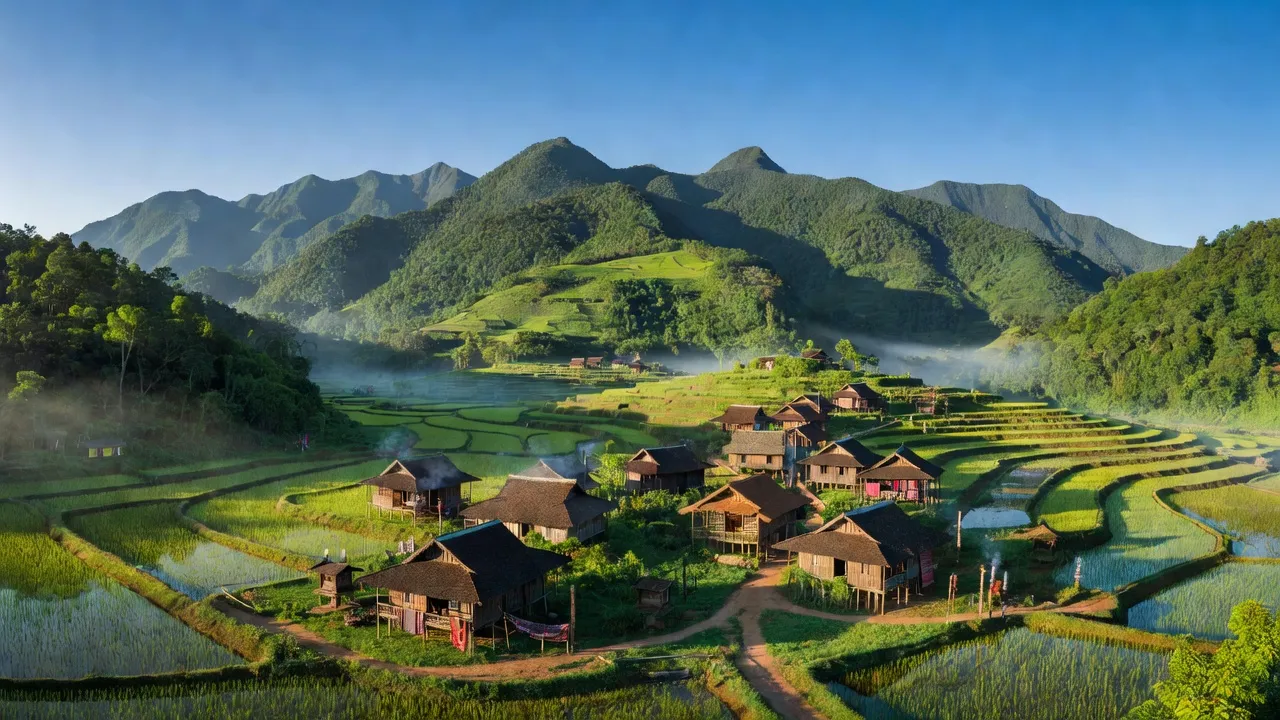 Khung cảnh Nậm Nhoóng, huyện Quế Phong, tỉnh Nghệ An với núi non xanh tươi và làng quê.
