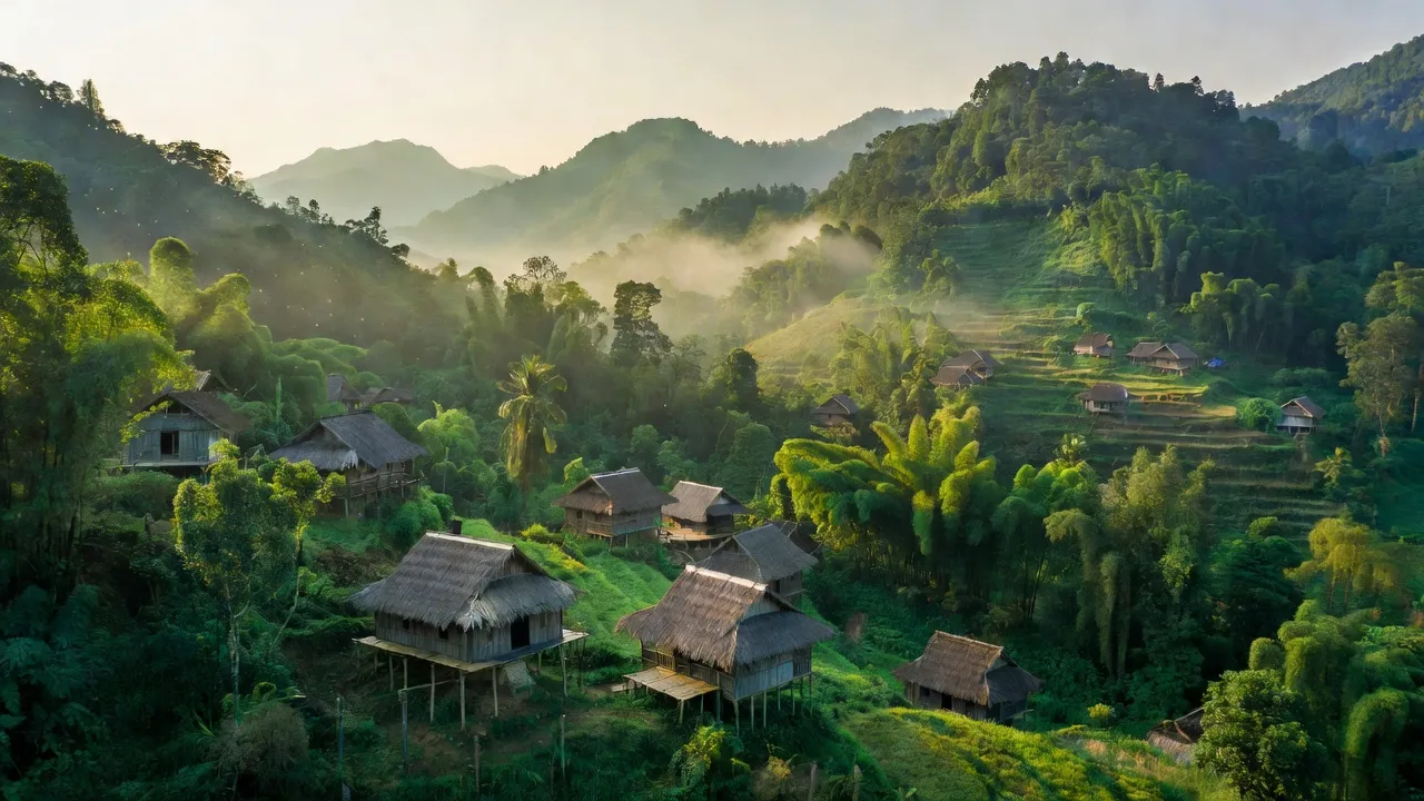 Nậm Nhoóng, Quế Phong, Nghệ An với cảnh quan núi rừng, nhà dân tộc thiểu số, ánh sáng buổi sáng.