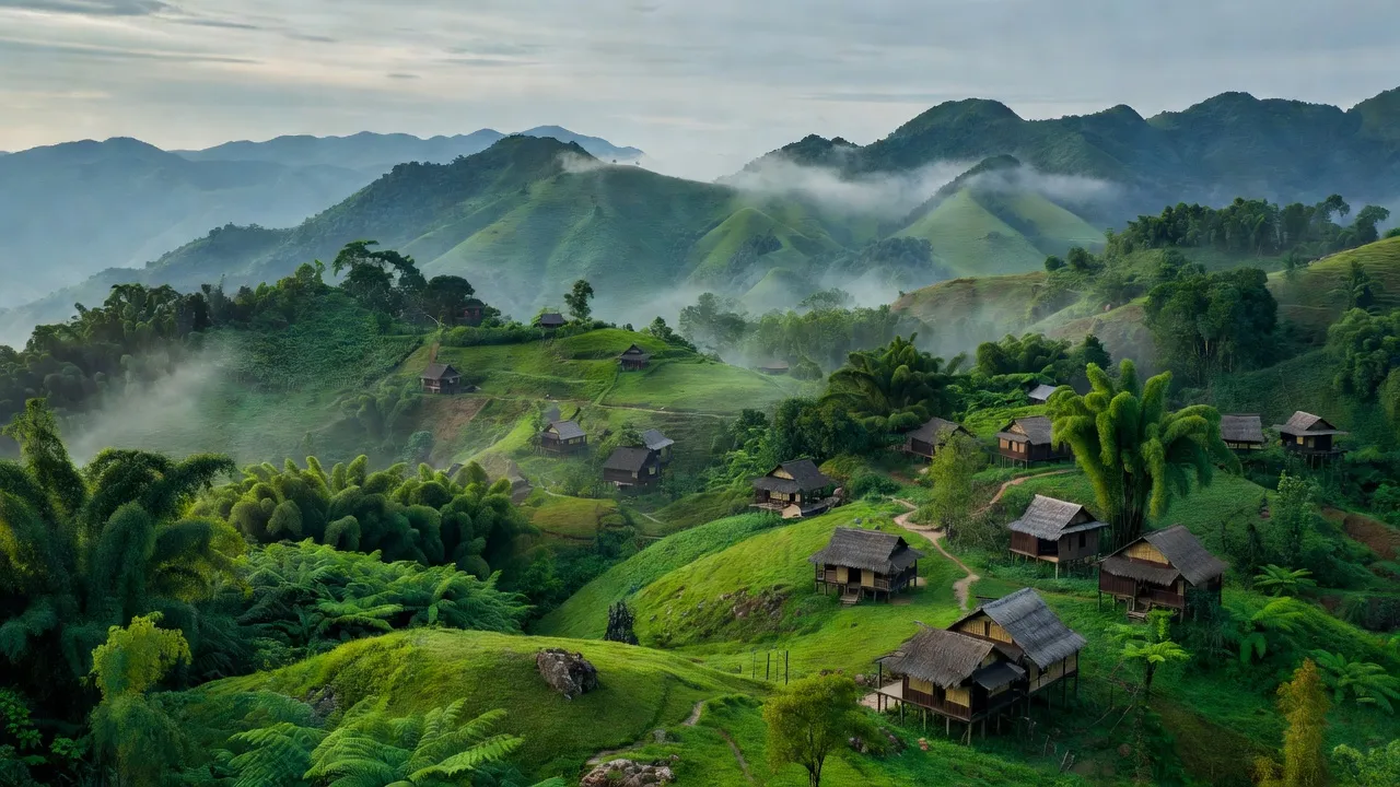 Quang Phong, Nghệ An landscape with mountains, traditional houses, and rich greenery in a highland climate.