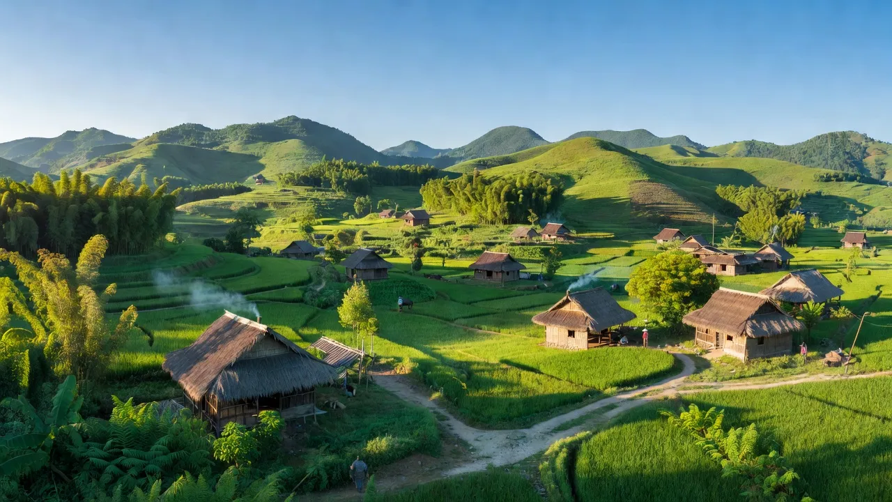 Cảnh đẹp xã Thông Thụ, huyện Quế Phong, tỉnh Nghệ An với địa hình đồi núi và nhà truyền thống.