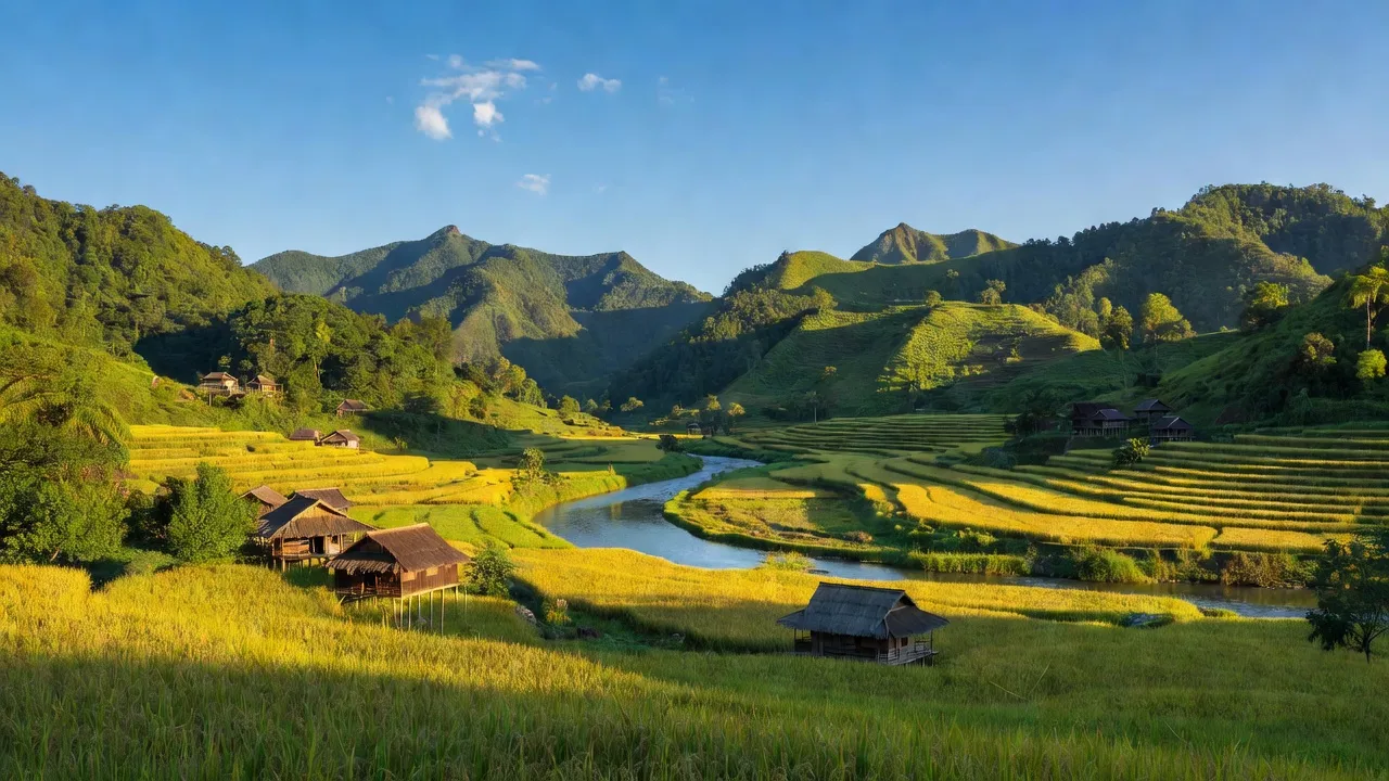 Cảnh quan đồi núi Xã Thông Thụ, Quế Phong, Nghệ An với cánh đồng, dòng sông và nhà truyền thống.