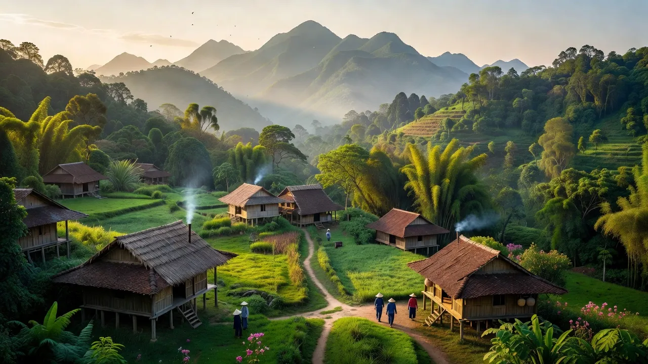 Tiền Phong village in Quế Phong, Nghệ An with mountains and traditional homes, showcasing local culture.