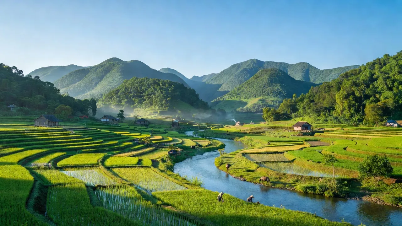 Khung cảnh đẹp mắt tại xã Tri Lễ, huyện Quế Phong, Nghệ An với núi non xanh mát và suối.