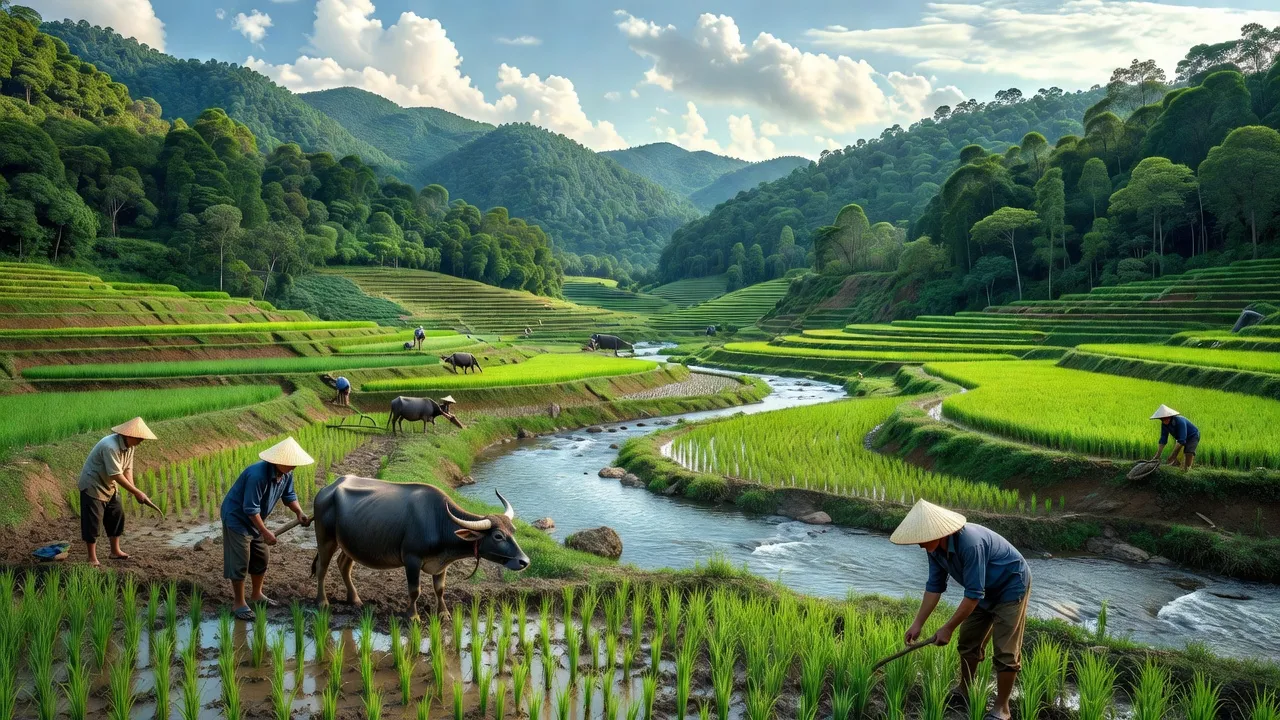 Phong cảnh Tri Lễ, Quế Phong, Nghệ An với đồi núi và dòng suối trong xanh.