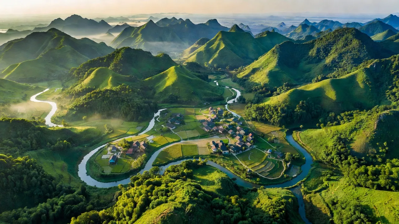 Toàn cảnh huyện Quỳ Châu, Nghệ An với núi non xanh mát và sông suối uốn lượn.