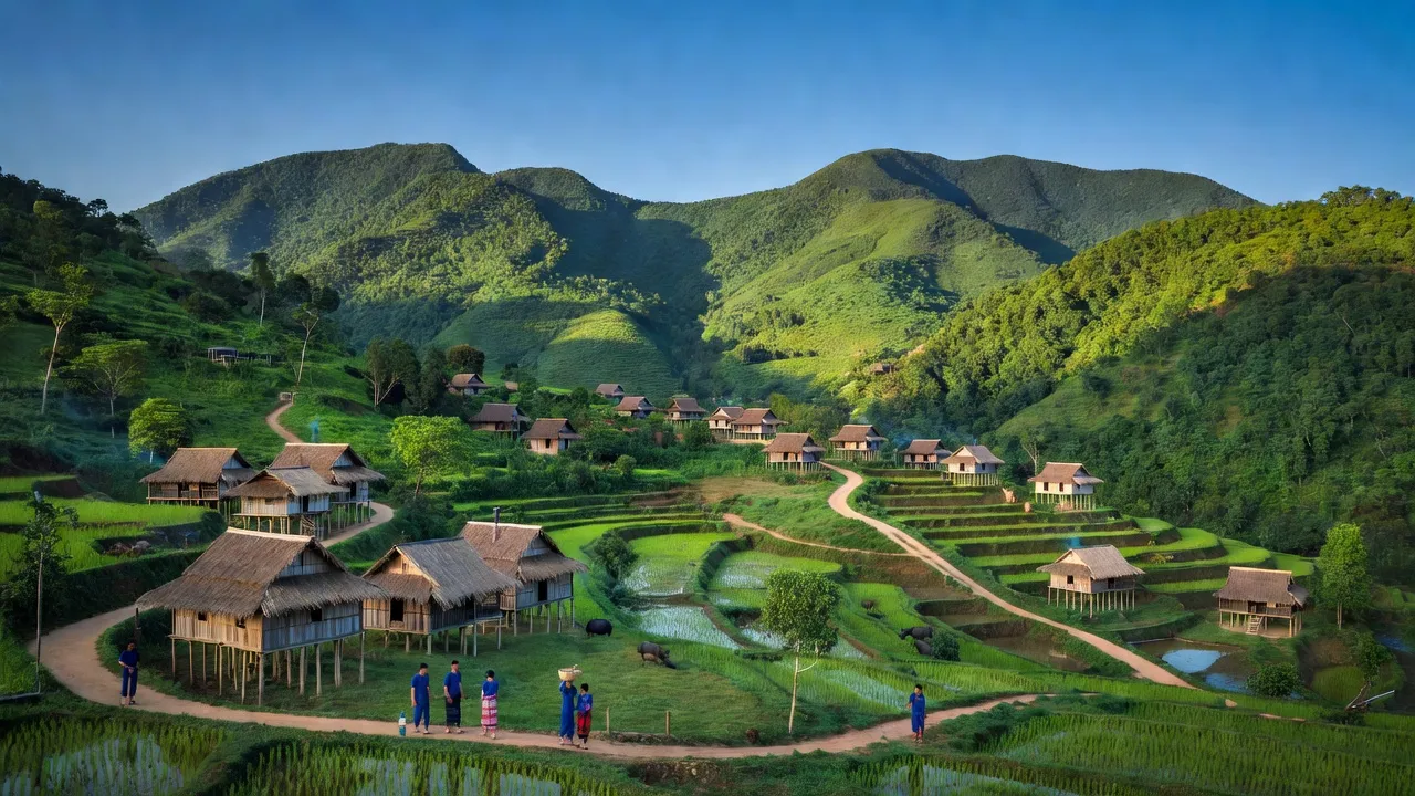 Cảnh đẹp xã Châu Bính, huyện Quỳ Châu, tỉnh Nghệ An với núi xanh và nhà dân tộc Thái.
