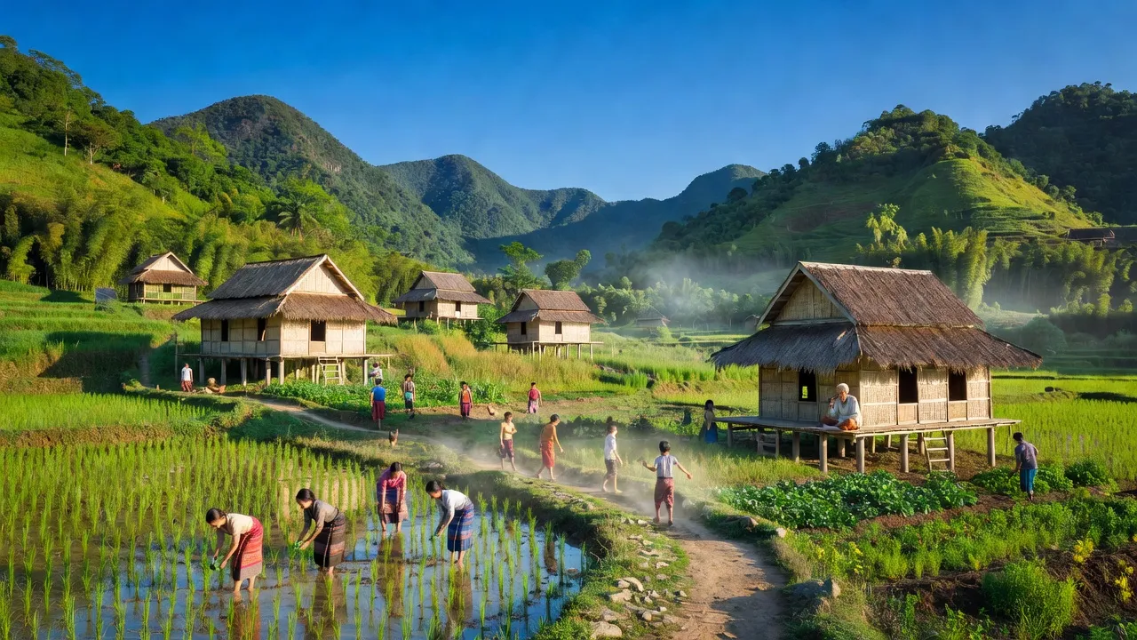 Khung cảnh xã Châu Hạnh, huyện Quỳ Châu, tỉnh Nghệ An với núi xanh và nhà người Thái.