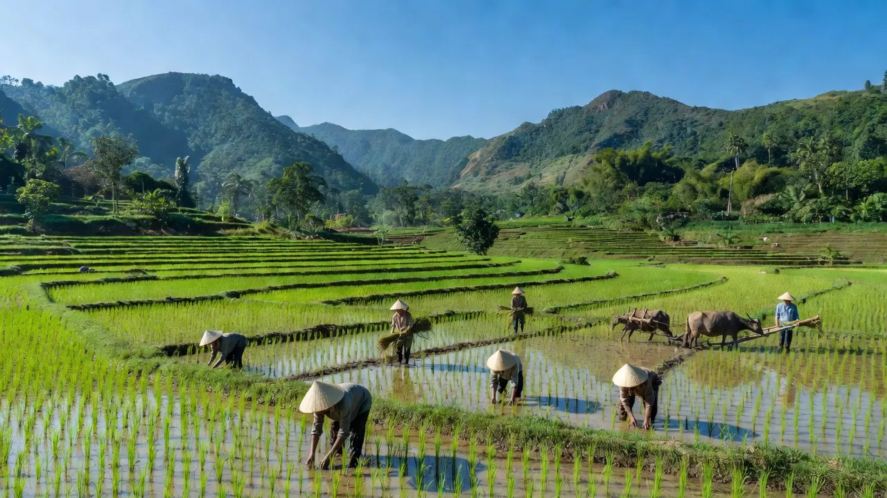 Cảnh đẹp Xã Châu Hoàn, huyện Quỳ Châu, Nghệ An với cánh đồng xanh và núi non.