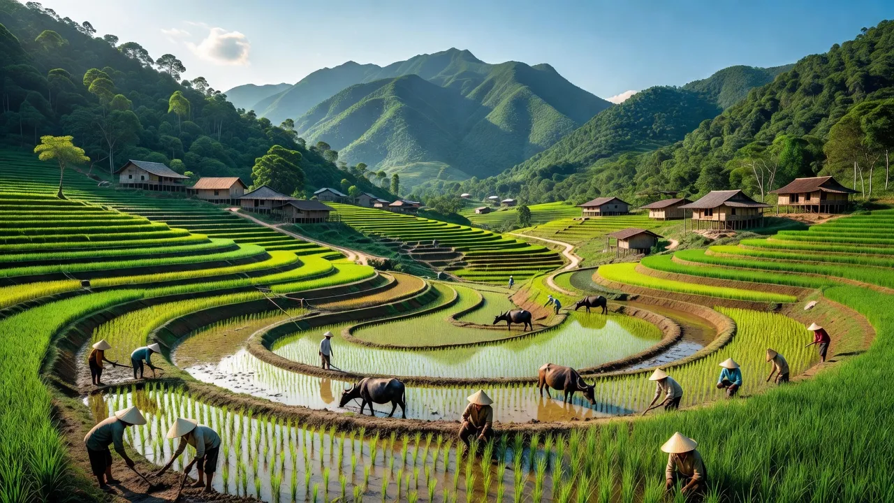 Khung cảnh làng Châu Hoàn, huyện Quỳ Châu, tỉnh Nghệ An với cánh đồng xanh mướt và núi rừng.