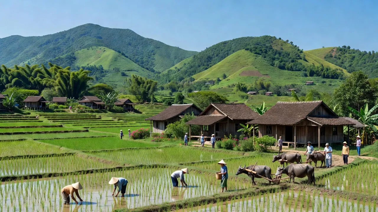 Khung cảnh Xã Châu Hội, huyện Quỳ Châu, Nghệ An với núi xanh và đồng ruộng màu mỡ.